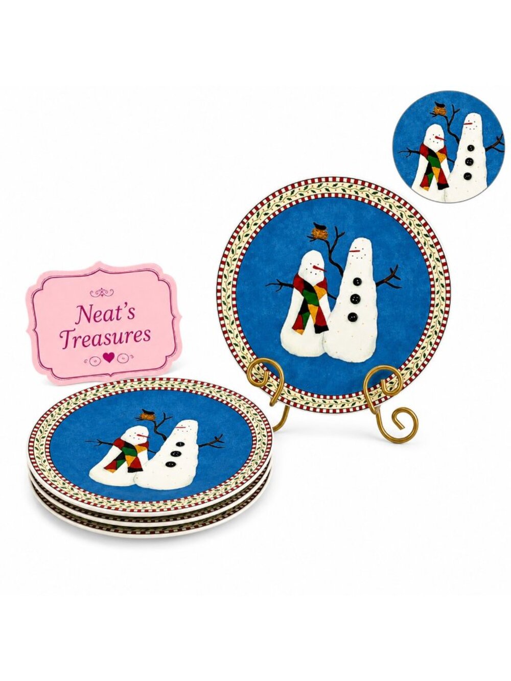 Sakura Debbie Mumm SNOWMAN Blue Christmas Snack Lunch Dessert Salad Plates Set 4